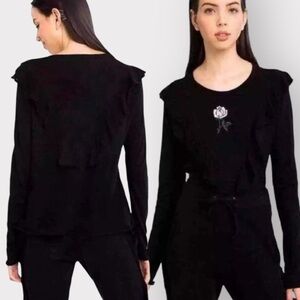 WILDFOX Rose Embroidered Ruffle Black Top (Sz S)